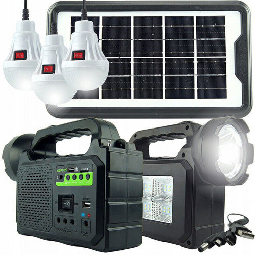 Kit Solar de 1 panel, 3 focos LED, Radio, Batería, Linterna y cables